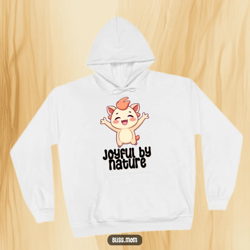 Funny and cozy hoodie depicting a creature joyfully jumping with a bright, carefree smile, radiating pure happiness.