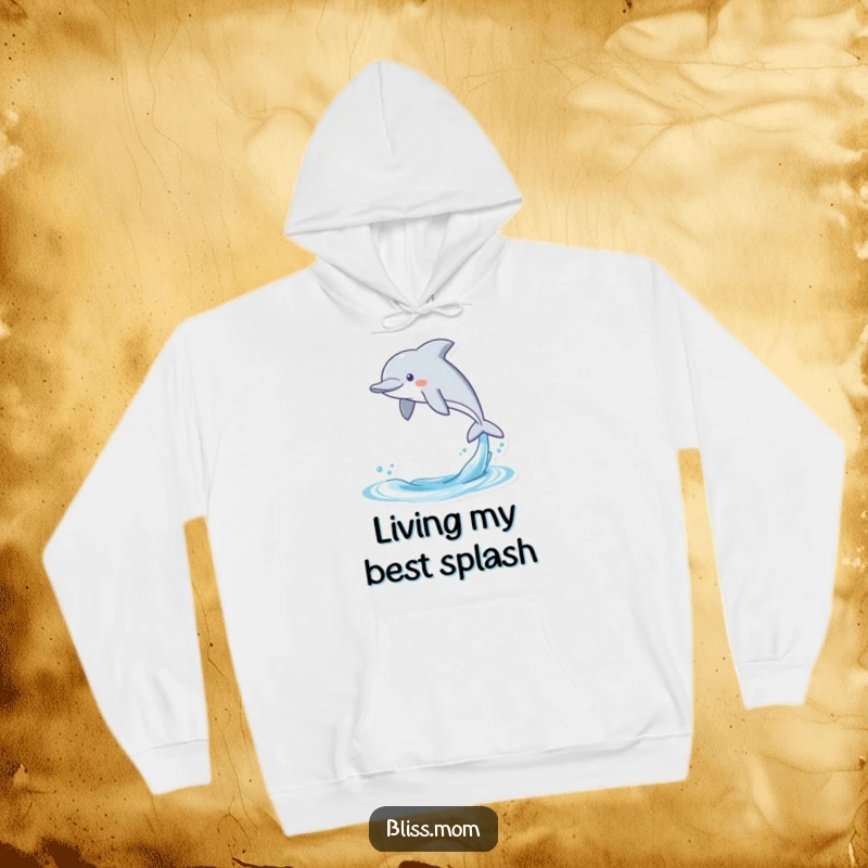 Funny hoodie featuring a happy kawaii dolphin leaping energetically from the water, perfect for cozying up with some aquatic humor.