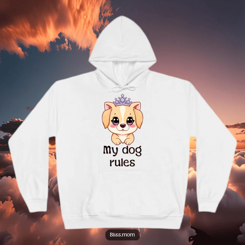 Funny Kawaii Dog Mom Hoodie: A dog mom shines with sparkling eyes and a regal tiara. Cozy and humorous canine celebration.