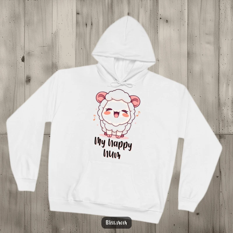 Funny Kawaii Sheep Mom Hoodie, serenely singing a cheerful tune with closed eyes, offering warmth and musical joy.