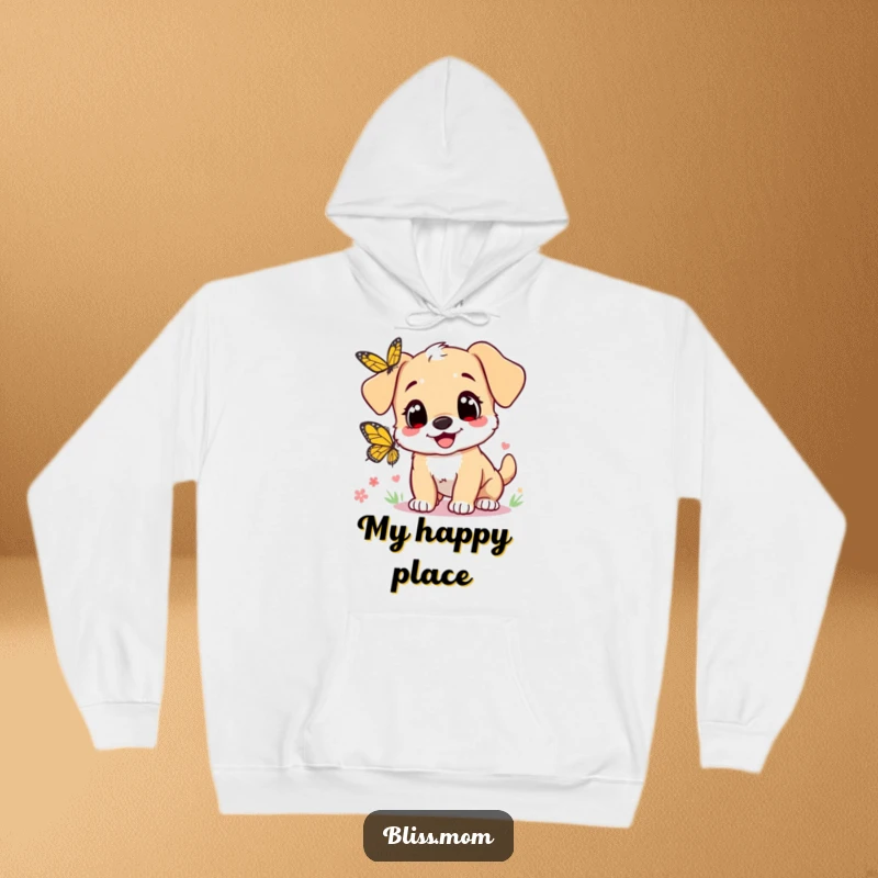 Funny hoodie: a cute puppy mom with loving heart eyes, playfully chasing a butterfly, embodying pure dog mom joy.