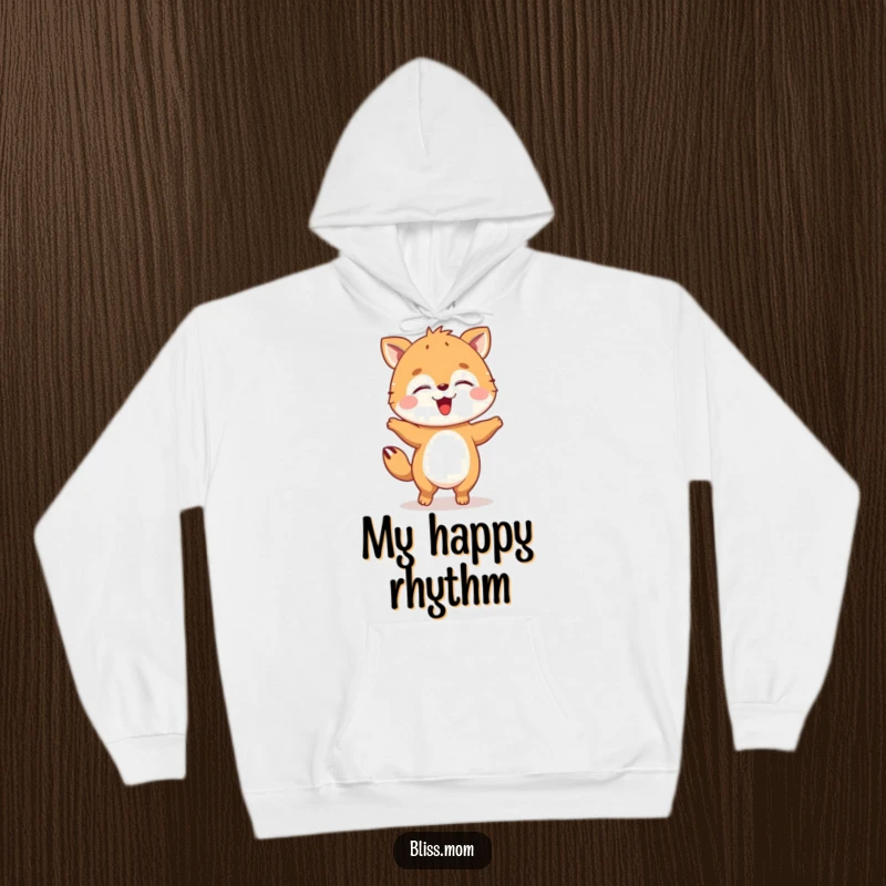 Funny animal hoodie doing a joyful happy dance with eyes closed, offering cozy warmth and a vibe of pure ecstasy.