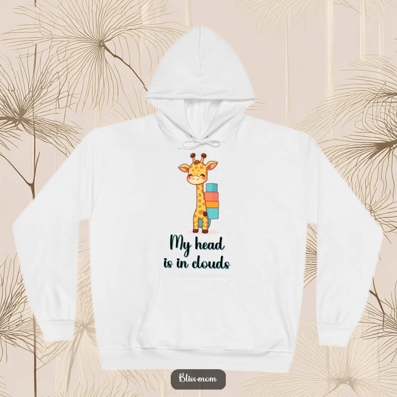 Funny giraffe mom hoodie with a giggling mother giraffe balancing colorful blocks, offering cozy and playful vibes.