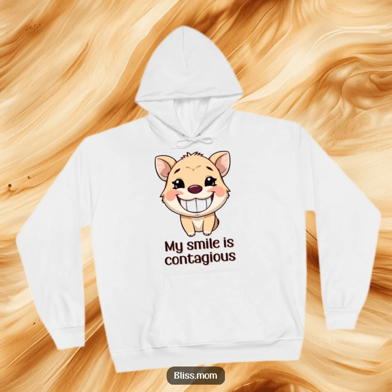 Funny hoodie with an animal sporting a wide, infectious, glowing grin, perfect for cozying up with happiness.