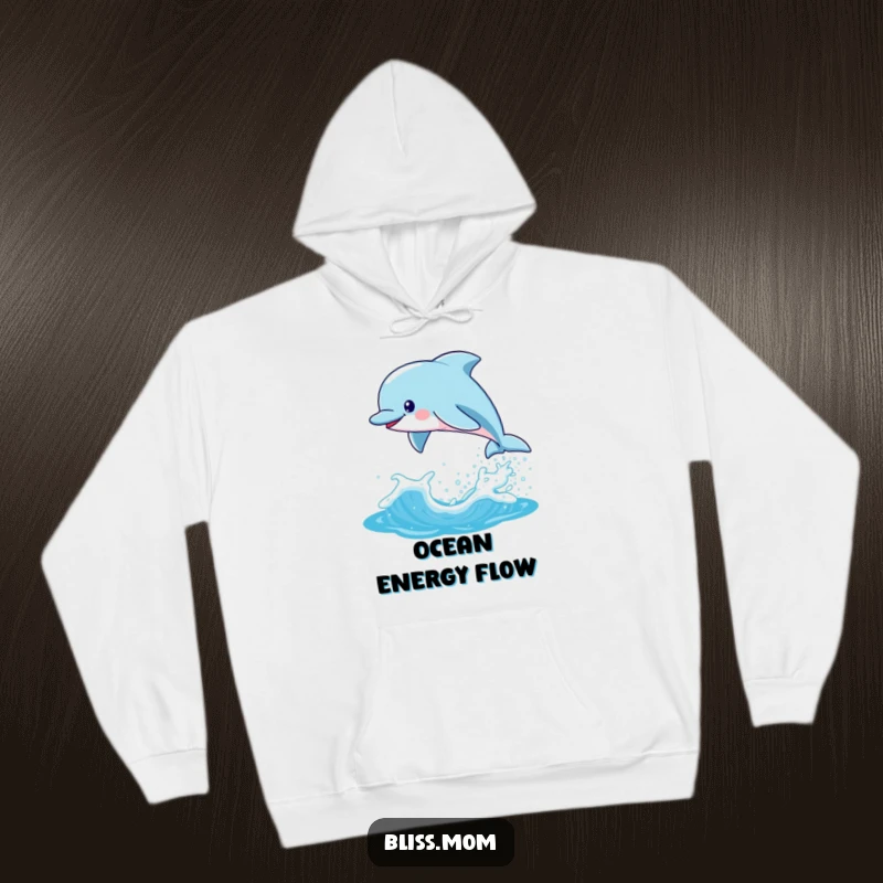 Funny Kawaii Dolphin Mom Hoodie, playfully leaping from a sparkling wave, bringing cozy comfort and ocean-inspired joy.