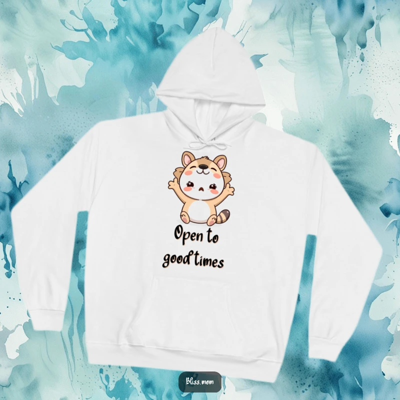 Funny and cozy hoodie showing an animal joyfully welcoming with arms spread wide, radiating comfort and happiness.