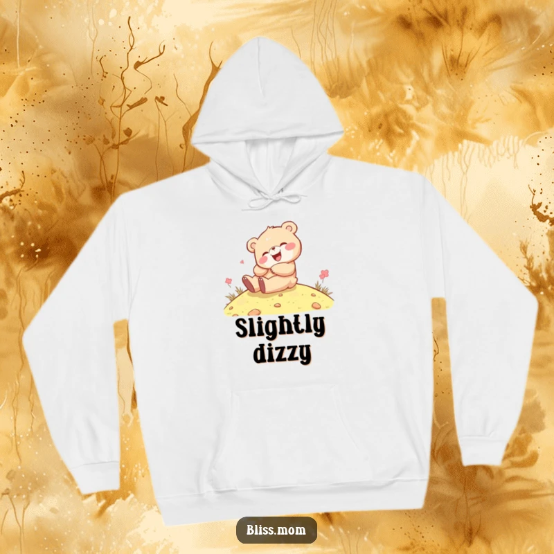 Funny kawaii bear cub giggling while rolling down a hill, printed on a warm, comfortable hoodie, radiating cheerful energy.