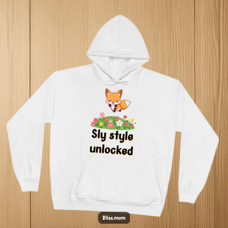 Funny cheerful kawaii fox jumping over flowers, cozy woodland hoodie, perfect funny gift for warmth and style.