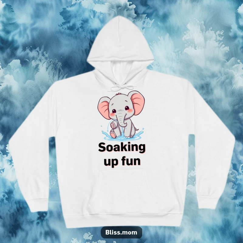 Funny happy kawaii elephant joyfully spraying water, printed on a warm, comfortable hoodie, radiating cheerful energy.