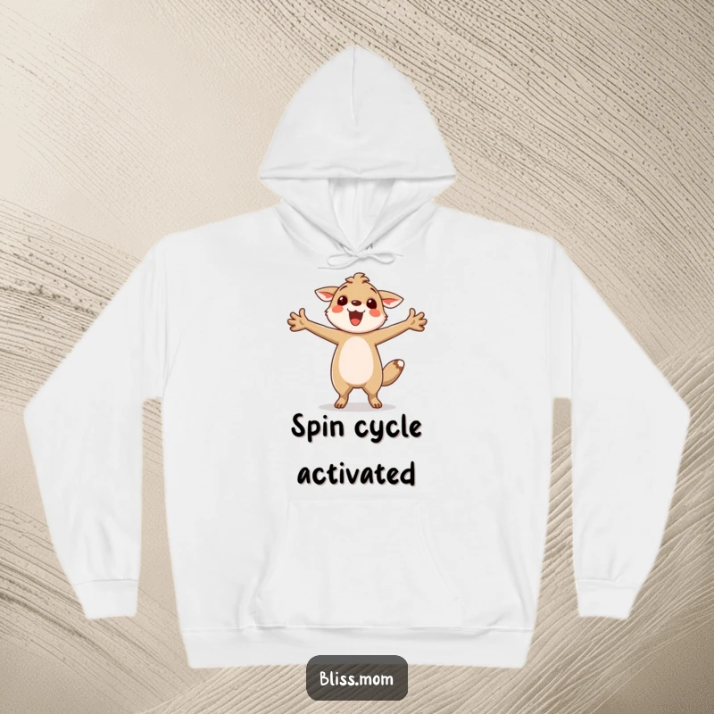 Funny hoodie showcasing a delightful animal doing a happy twirl with arms outstretched, radiating pure joy and comfort, a great gift.