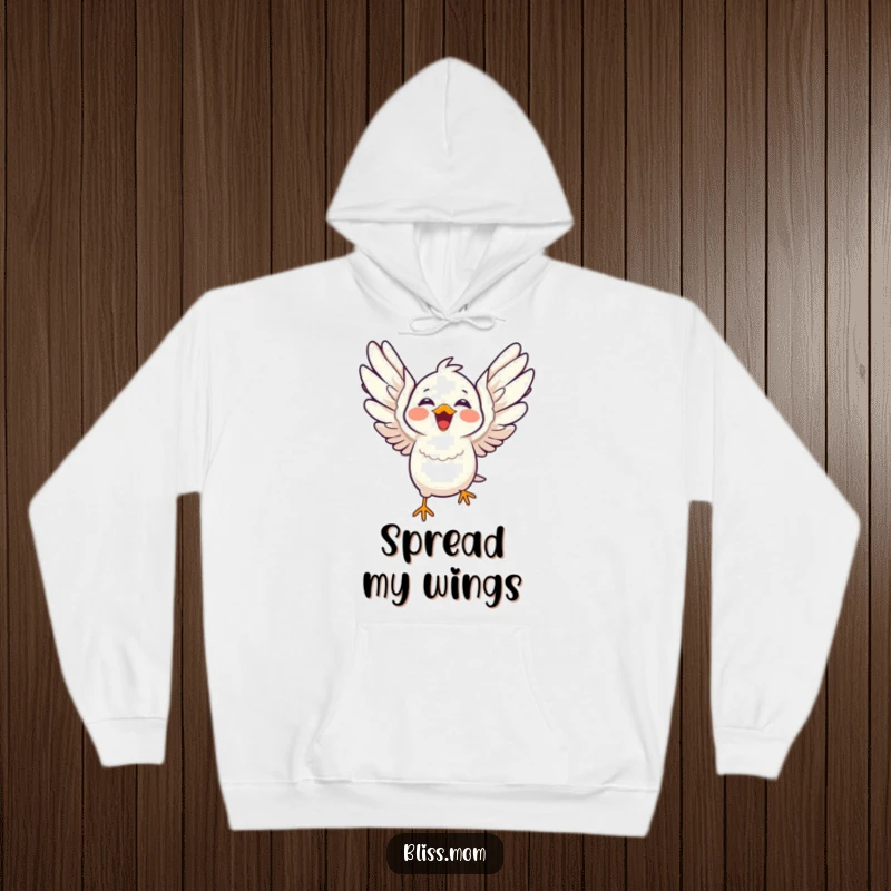 Funny laughing kawaii bird with wings spread wide in flight, cozy bird hoodie, perfect funny gift for warmth and joy.