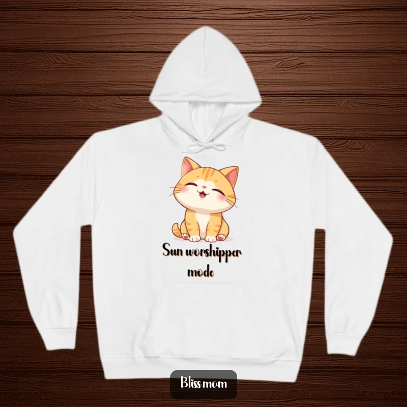 Funny Cat Hoodie: a serene cat with eyes closed enjoying a sunbeam, designed for maximum warmth and comfort.