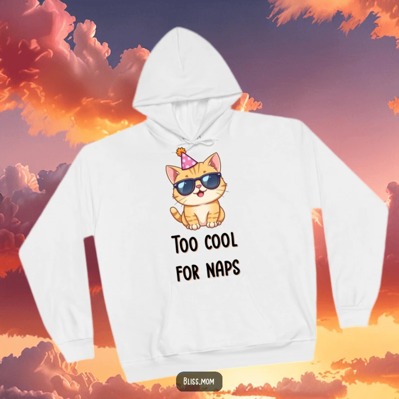 Funny hoodie showcasing a giggling cat with small sunglasses and a party hat, perfect for cozy and humorous moments.