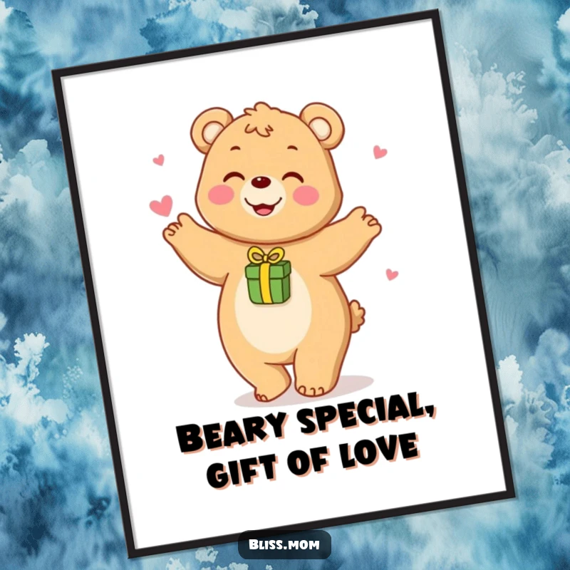 Funny Free Printable Wall Art: Happy bear mom playfully dancing with a small gift, celebrating life with movement.