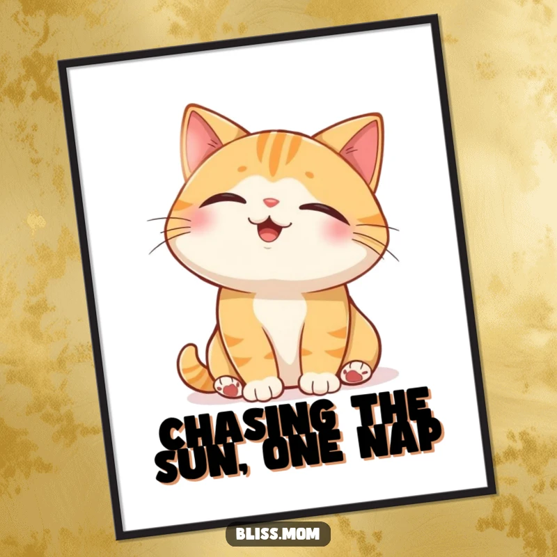 Funny Free Printable Wall Art of a joyful cat with eyes closed, peacefully basking in a warm, bright sunbeam.