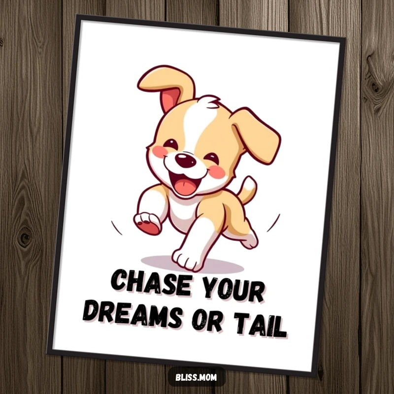 Free Printable Wall Art: Delighted puppy chasing its tail in ecstatic circles, capturing playful energy. Downloadable fun art.