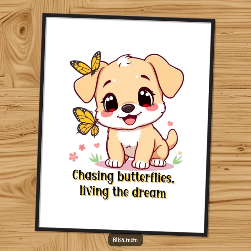 Funny Free Printable Wall Art: Puppy mom with heart eyes joyfully chasing a butterfly, cute downloadable decor.