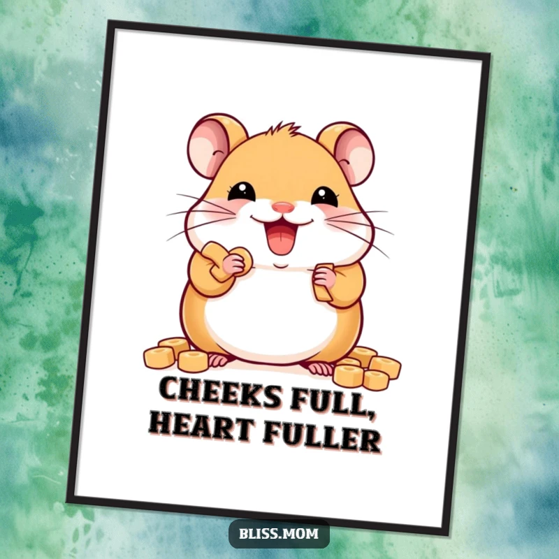 Funny Free Printable Wall Art: Delighted kawaii hamster stuffing its cheeks full of treats in a whimsical scene.