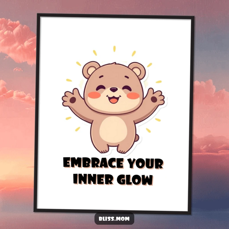 Funny Free Printable Wall Art: A friendly bear with arms outstretched, embracing a serene and glowing aura.