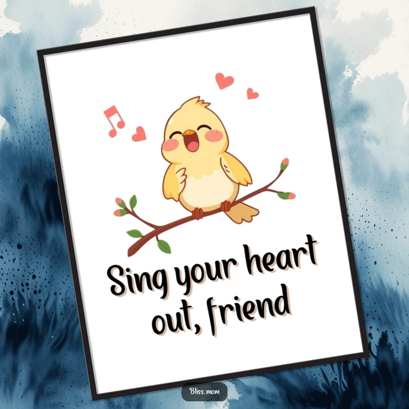 Funny Free Printable Wall Art: A cheerful bird perched on a branch, singing its heart out with pure joy and melody.