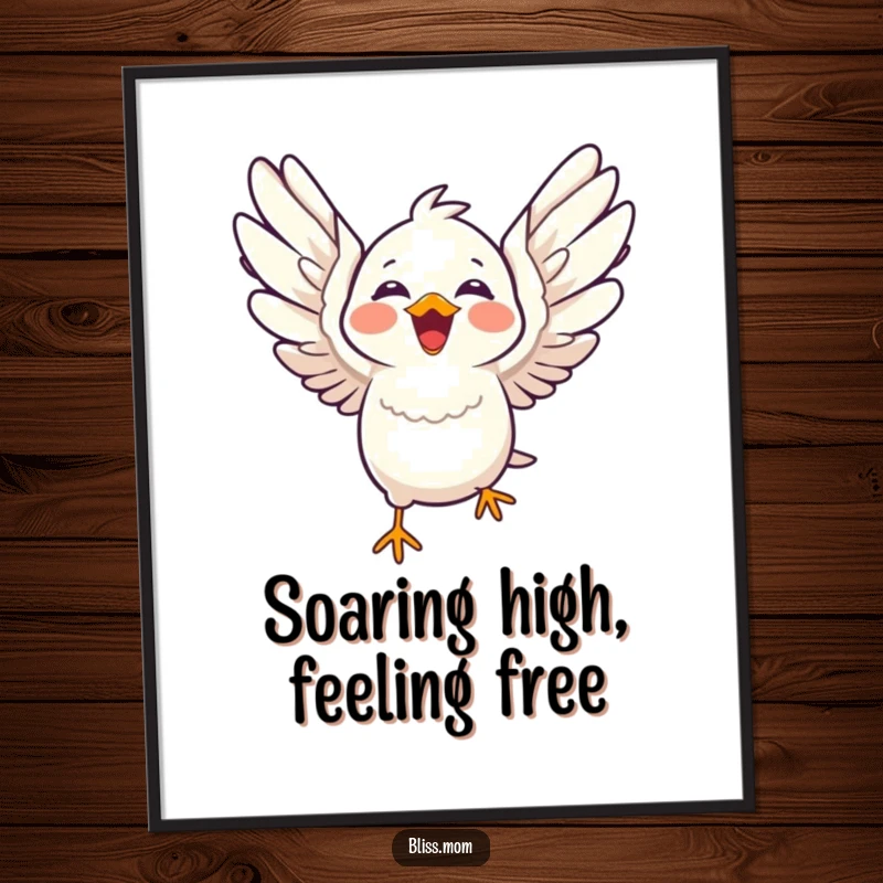 Funny Free Printable Wall Art: Laughing kawaii bird with wings spread wide in joyful flight in a whimsical scene.