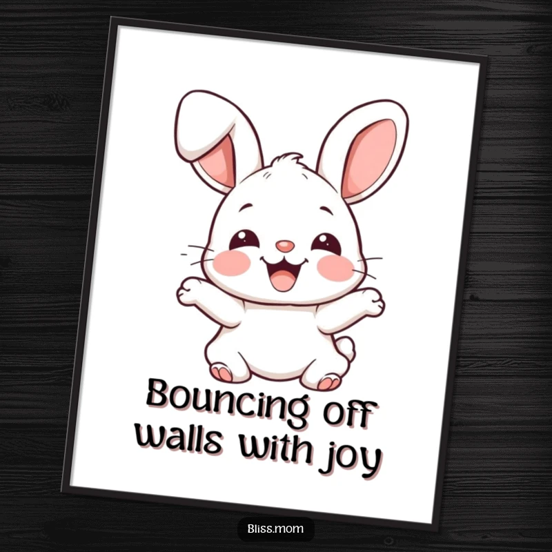 Funny Free Printable Wall Art: Joyful kawaii bunny with floppy ears bouncing excitedly in a cute illustration.