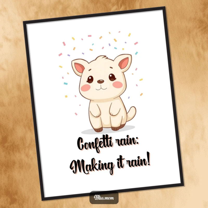 Funny Free Printable wall art of a cheerful animal being showered with colorful confetti, perfect for decor.