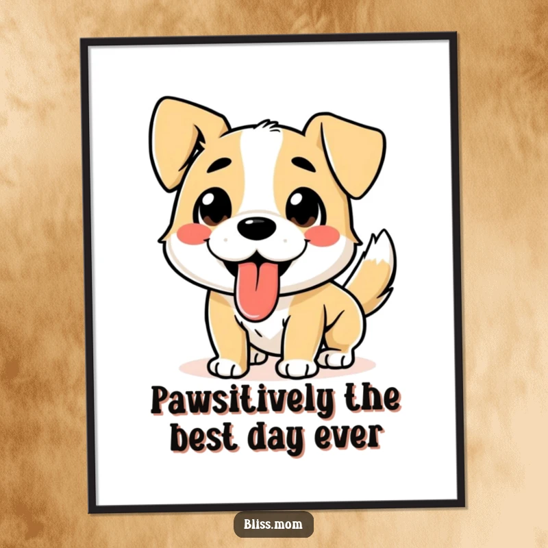 Funny Free Printable Wall Art: A happy dog with its tongue hanging out and tail wagging furiously, radiating pure canine excitement.