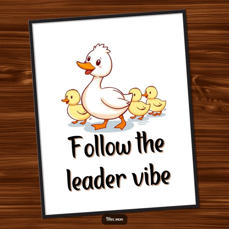 Funny Free Printable Wall Art: Smiling mama duck waddling with a line of ducklings, cute downloadable decor.