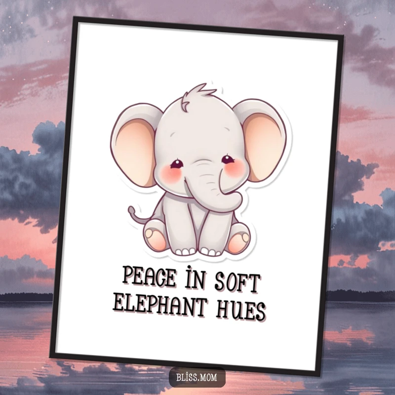 Funny Free Printable Wall Art: A happy, peaceful elephant immersed in soft, ethereal hues, radiating tranquility.