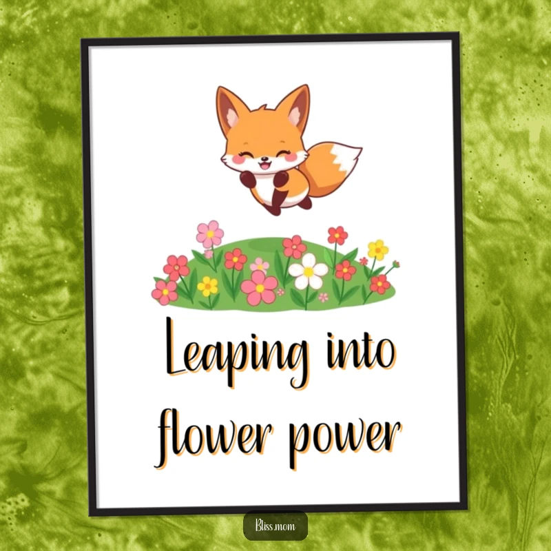 Funny Free Printable Wall Art: Cheerful kawaii fox leaping playfully over a colorful flower patch in a charming scene.