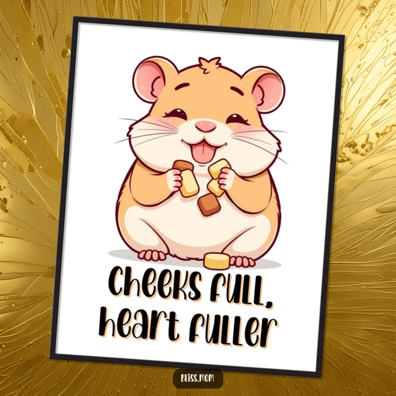 Funny Free Printable Wall Art: Happy hamster mom stuffing cheeks with treats, cute downloadable decor.