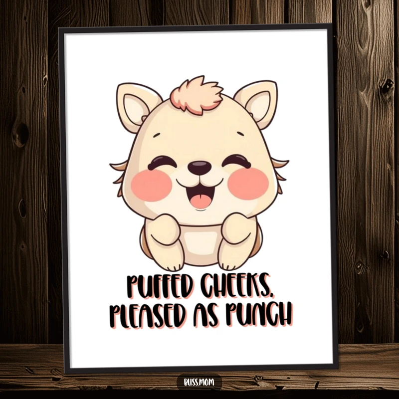 Funny Free Printable wall art of an animal with incredibly puffed cheeks, beaming with happiness, for decor.