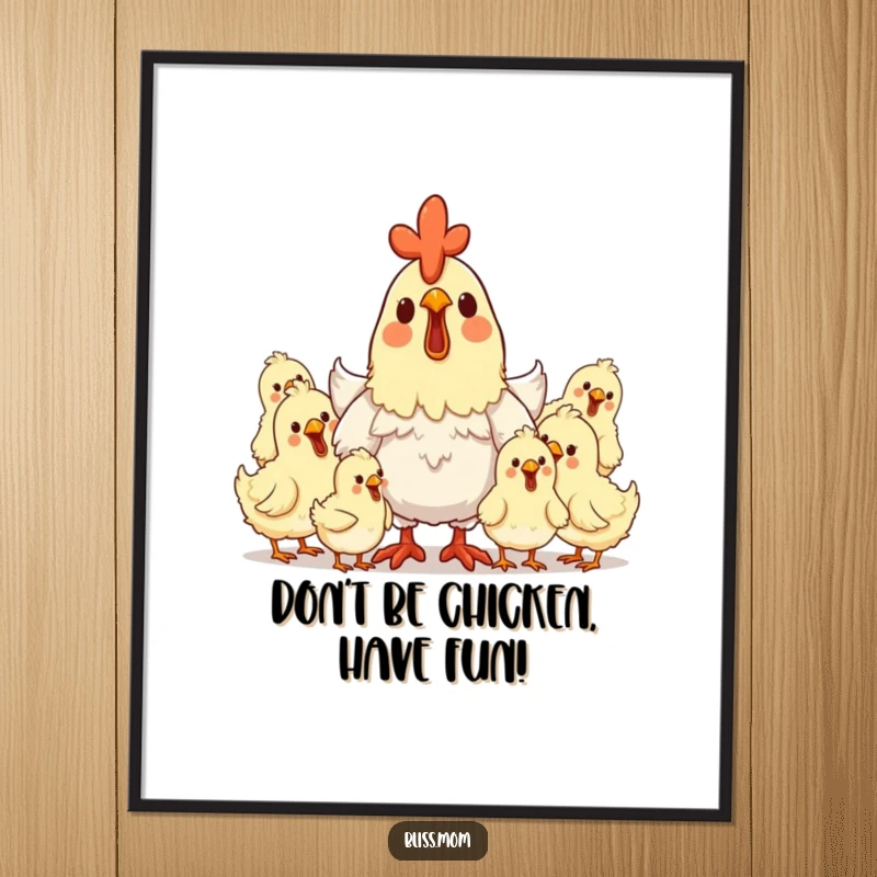 Funny Free Printable Wall Art of a delighted hen mom surrounded by clucking, happy chicks, adding warmth and charm.
