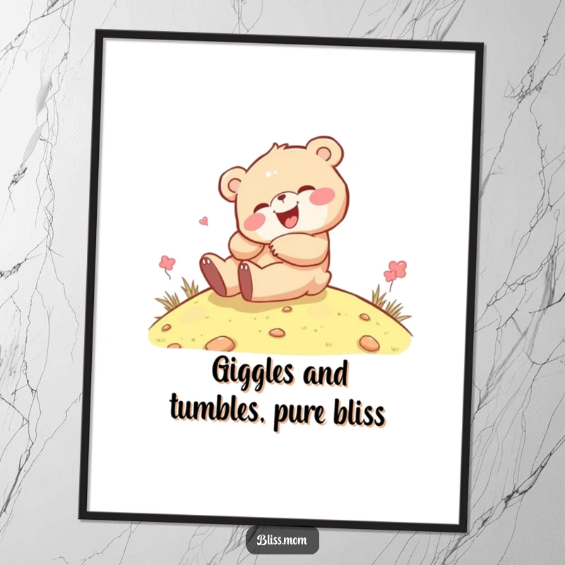 Funny Free Printable Kawaii Bear Wall Art: A giggling bear cub rolling down a hill, perfect downloadable art.