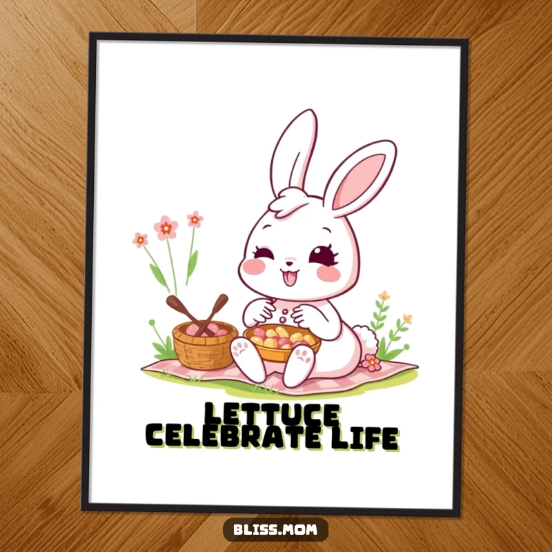 Funny free printable wall art of a kawaii bunny mom smiling radiantly enjoying a picnic, adding cheerful decor.