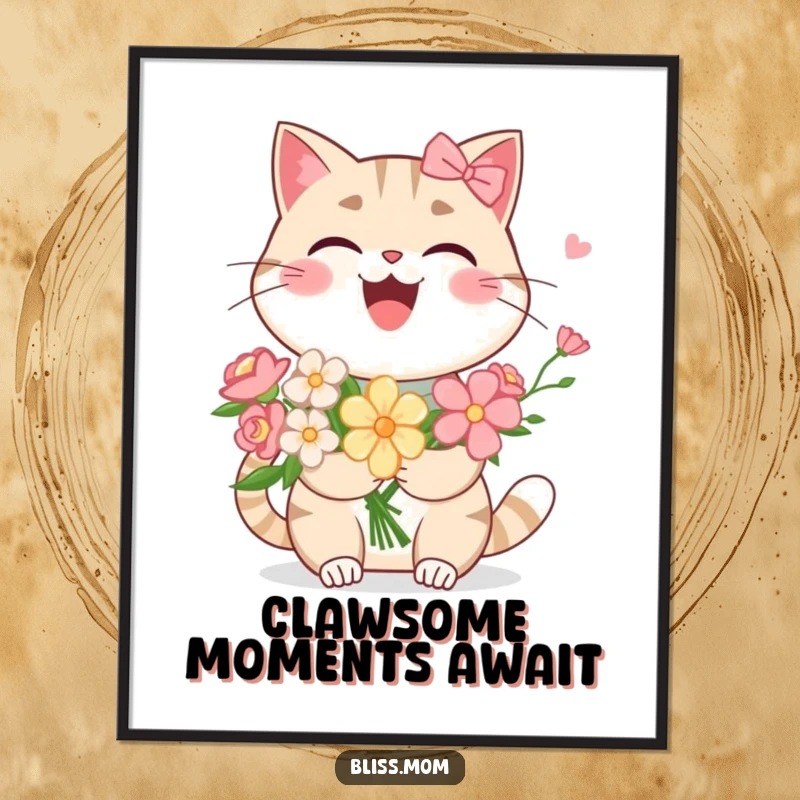 Funny free printable wall art featuring a kawaii cat mom laughing heartily holding flowers, adding humorous charm to any room.