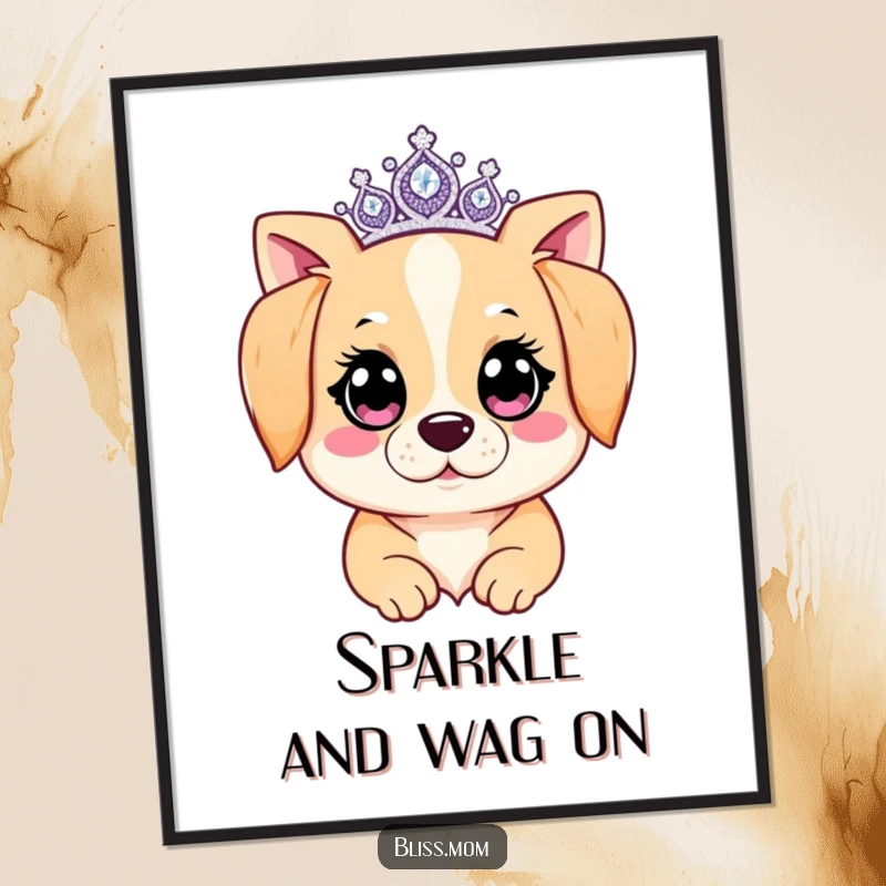 Funny free printable wall art of a kawaii dog mom with sparkling eyes and a tiara, adding a touch of sparkle.