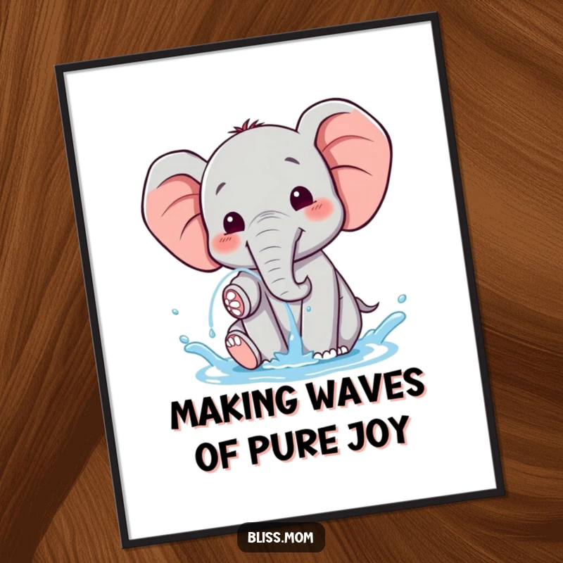 Funny Free Printable Kawaii Elephant Wall Art: A happy elephant spraying water, perfect cheerful downloadable art.