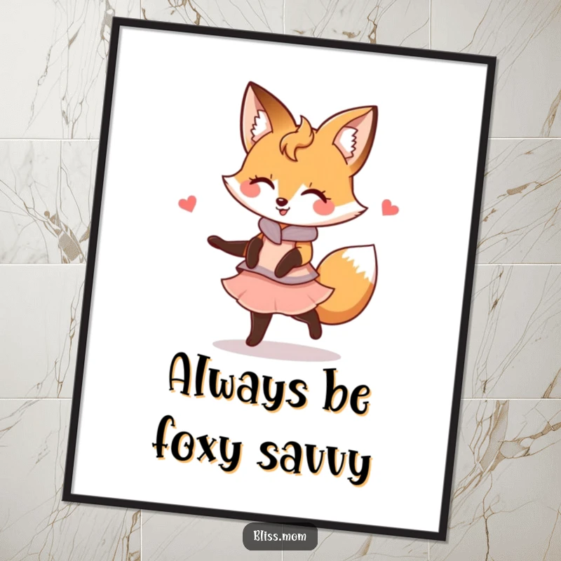 Funny free printable wall art of a kawaii fox mom twirling gracefully with a happy expression, adding artistic flair.