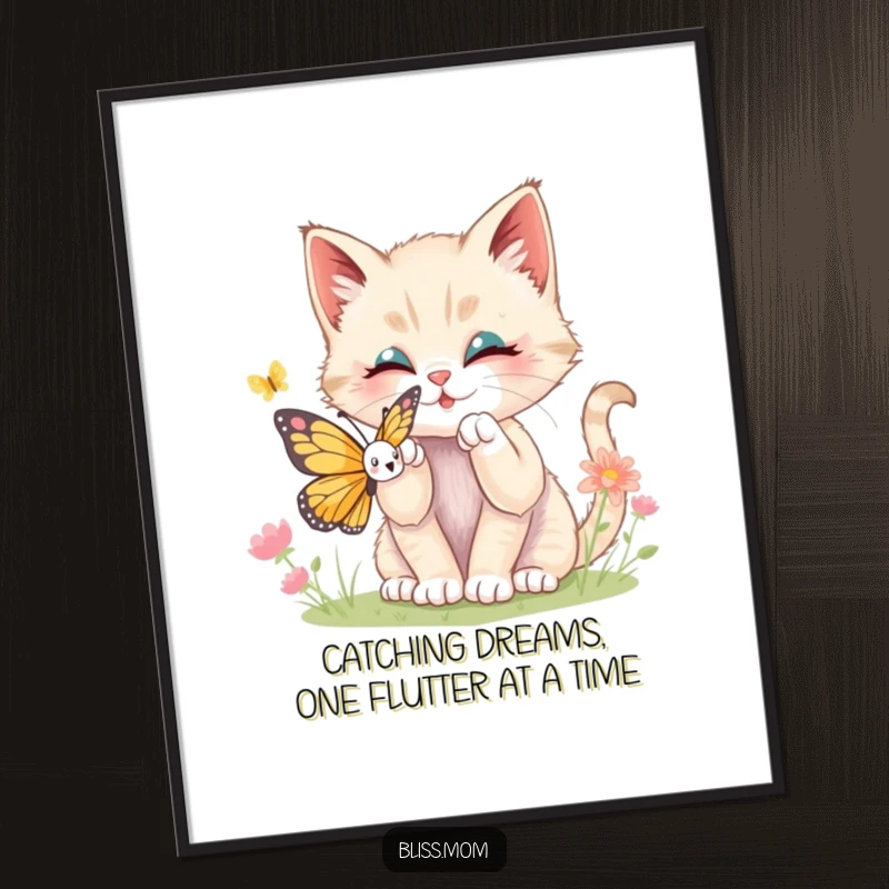 Funny Free Printable Kawaii Kitten Wall Art: A playful kitten batting at a butterfly, perfect downloadable art for any room.