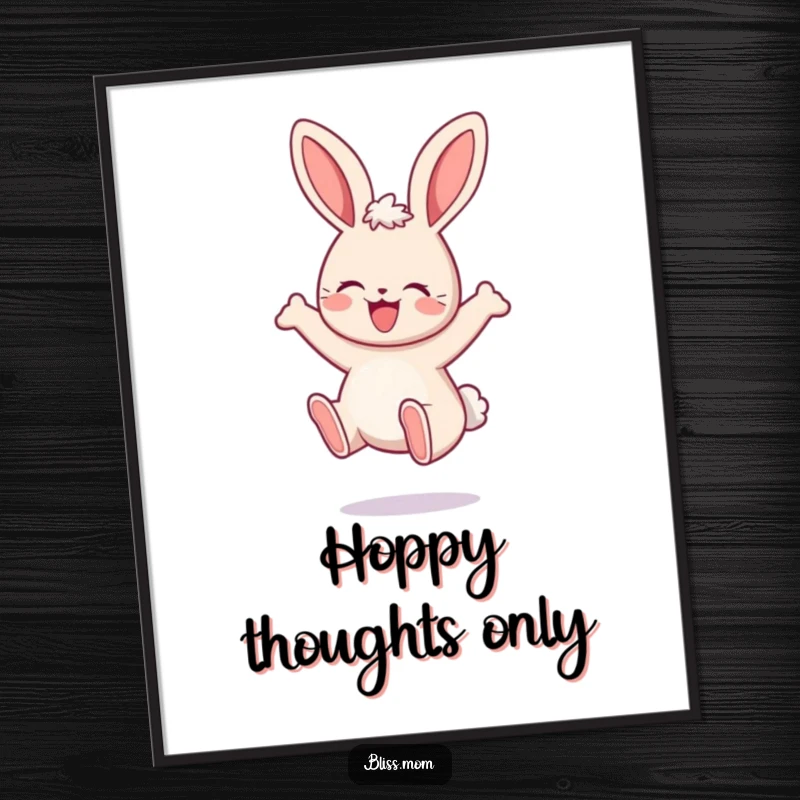 Funny Free Printable Wall Art of a kawaii mama bunny in mid-bounce, radiating pure delight and happiness.
