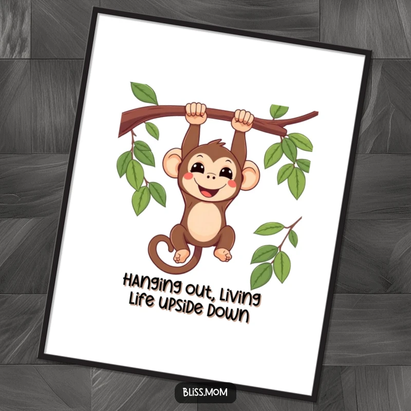 Funny Free Printable Kawaii Monkey Wall Art: A smiling monkey hanging upside down, perfect downloadable art.