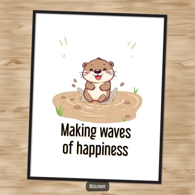 Funny Free Printable Wall Art: A happy otter captured mid-slide down a muddy bank, creating a spectacular splash of pure joy.
