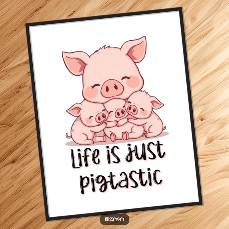 Funny Free Printable Wall Art depicting a content mama pig lovingly snuggling with her cute piglets, creating a warm scene.
