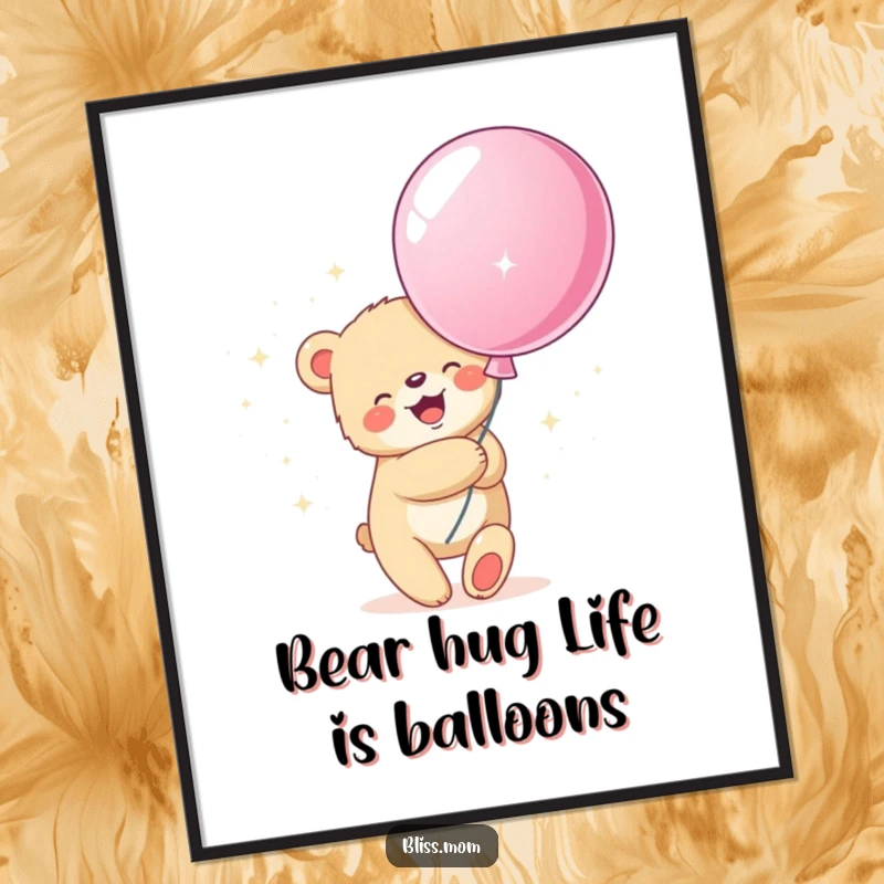 Cute free printable wall art of a joyful bear cub hugging a giant, sparkly balloon, creating a heartwarming and delightful atmosphere.