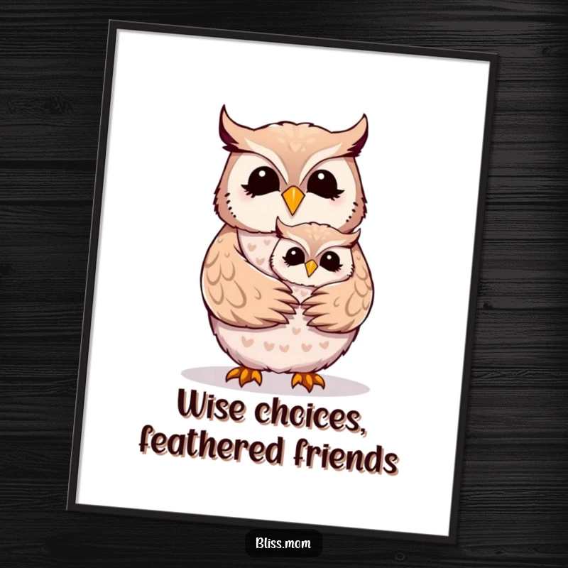 Funny Free Printable Wall Art: A cheerful owl mom is warmly embraced by her loving owlet.