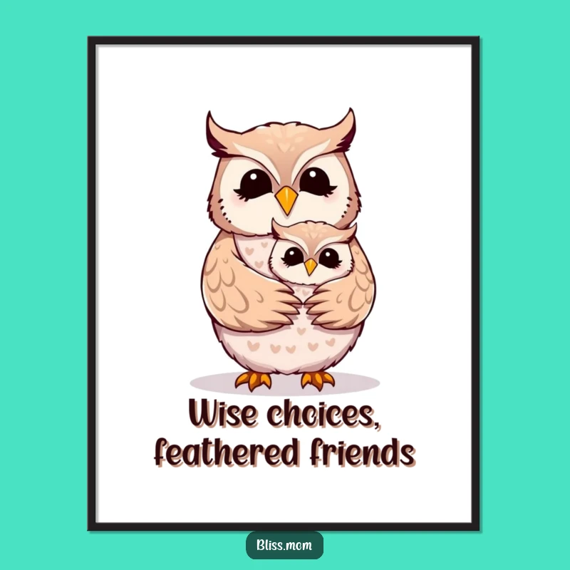 Free Printable Wall Art: Cheerful Owl Mom Hugged by Owlet - Heartwarming Downloadable Art