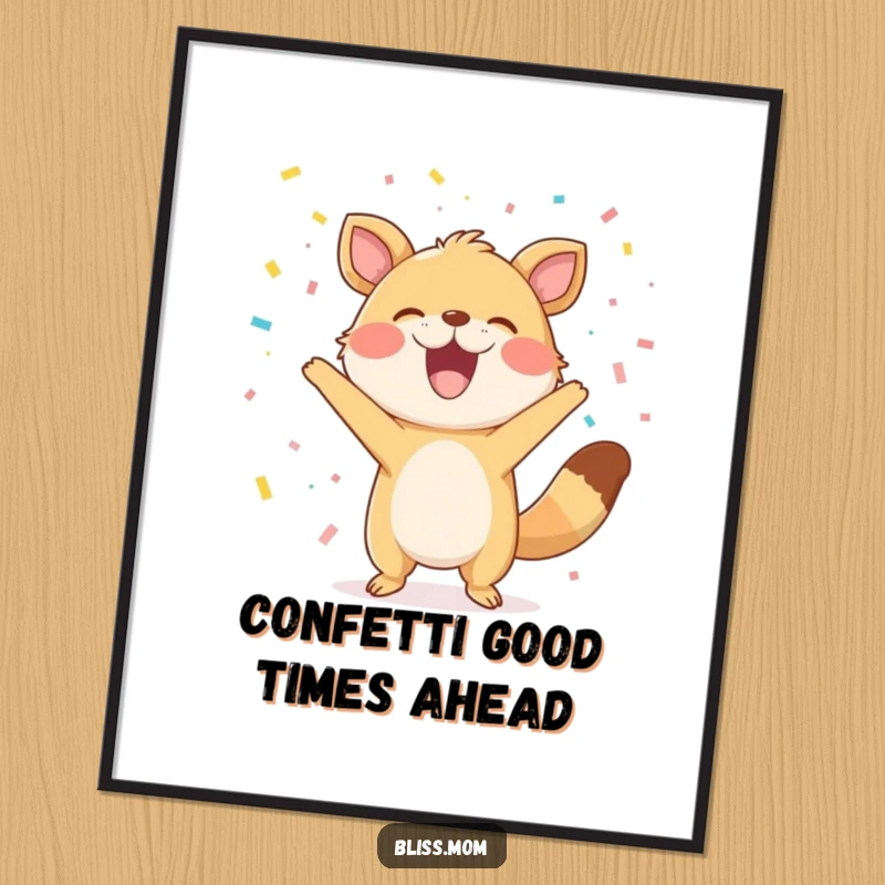 Funny Free Printable Wall Art: An animal joyfully tossing confetti, sporting a huge, beaming grin.
