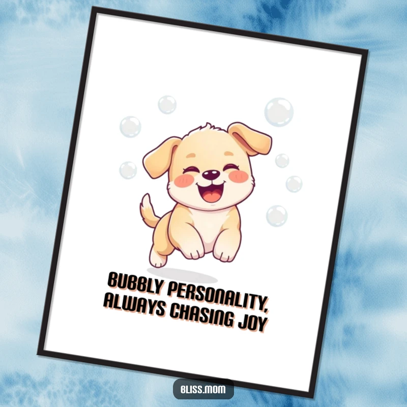 Funny Free Printable Wall Art: A kawaii puppy bursts with joy while chasing playful bubbles, adding charm to decor.